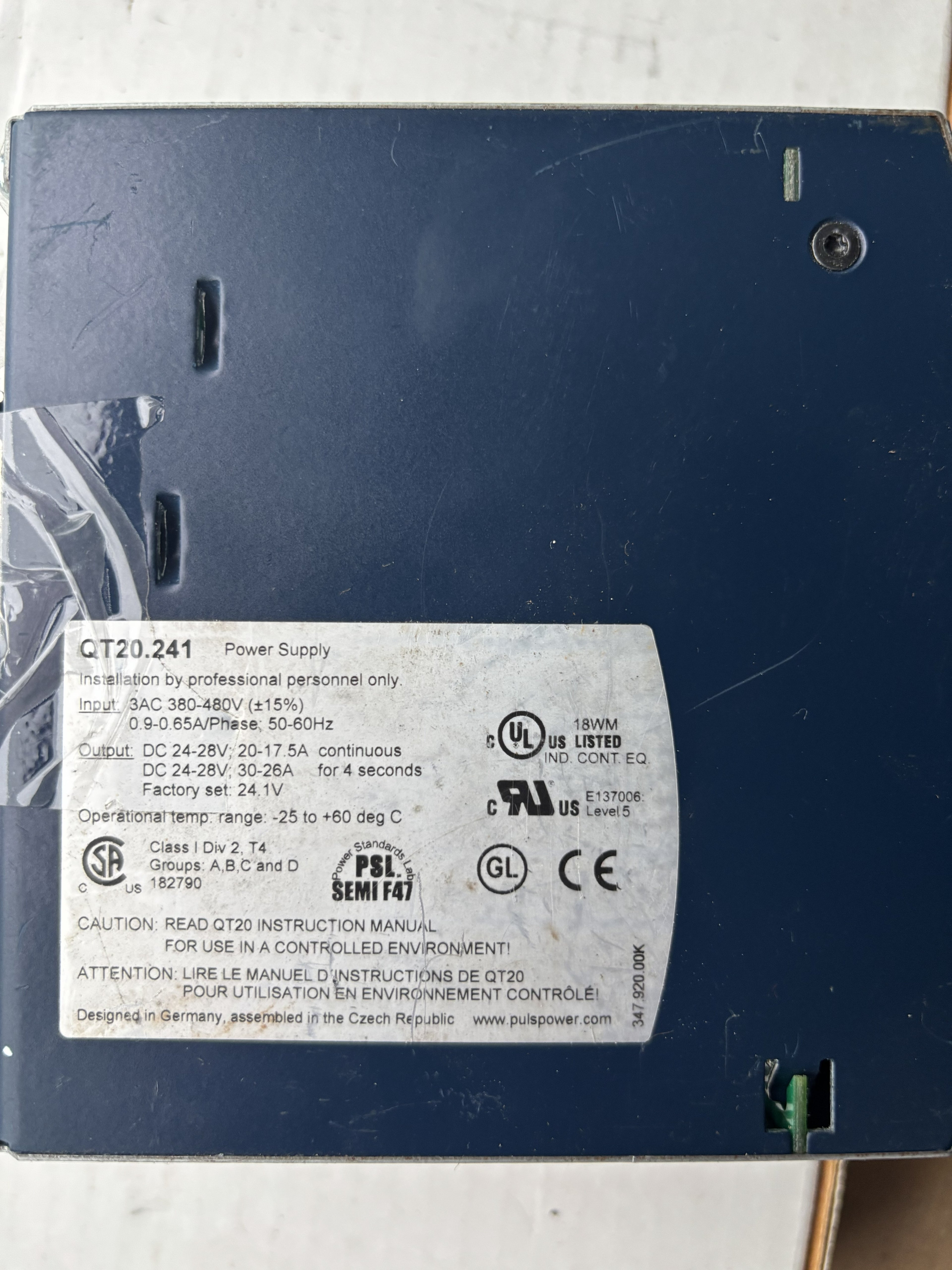 PULS QT20.241 480W 24V 20A 3-Phase DIN Rail Power Supply